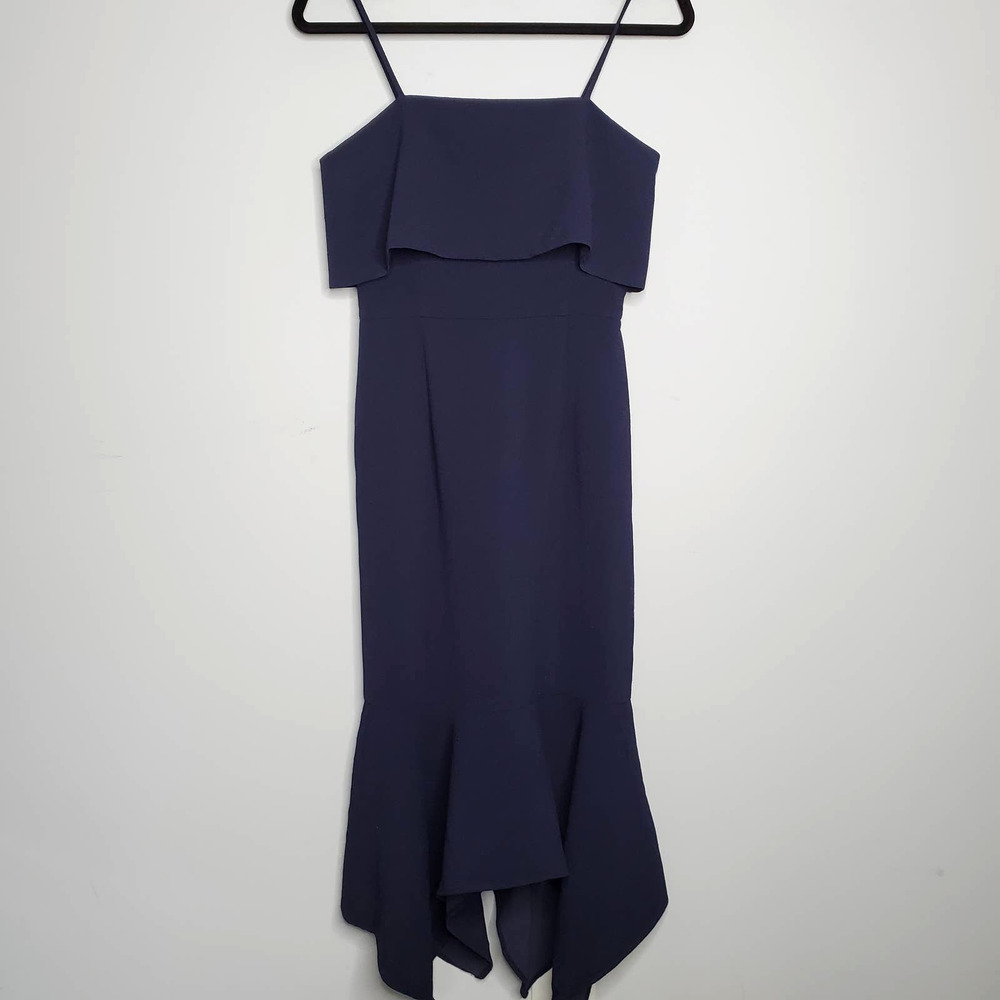 PS THE LABEL Navy Blue Square Neck Handkerchief Hem Dress Sz X-Small XS
